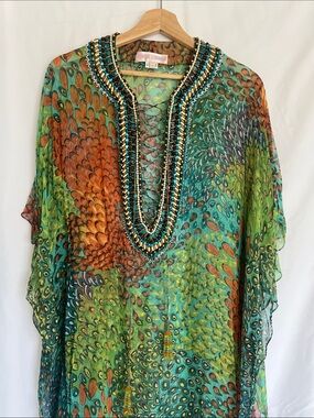 Monique Leshman Sheer Beaded V-Neck Tunic in Teal, Green & Orange